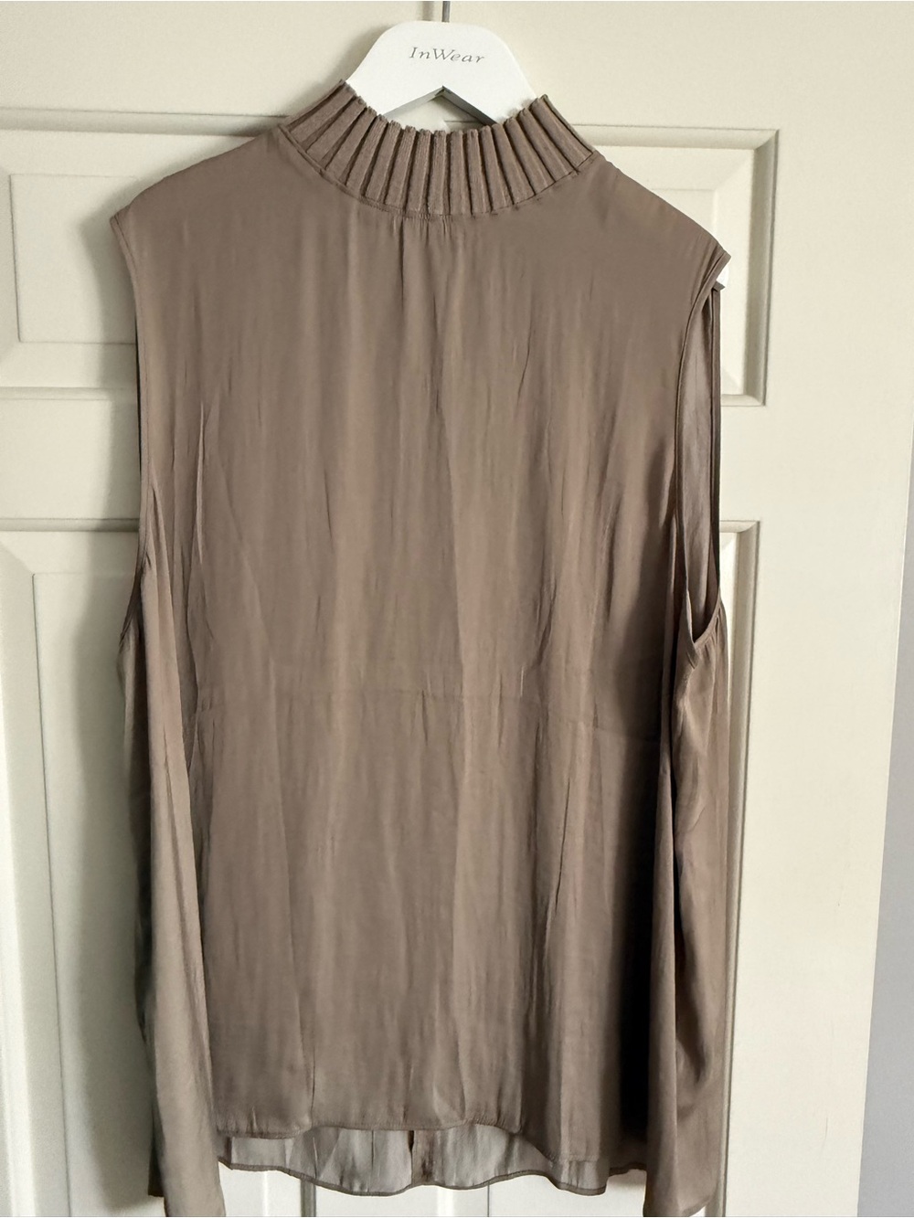 Renuar brand Sleeveless Mock Neck Blouse in colour Twig. 100% polyester